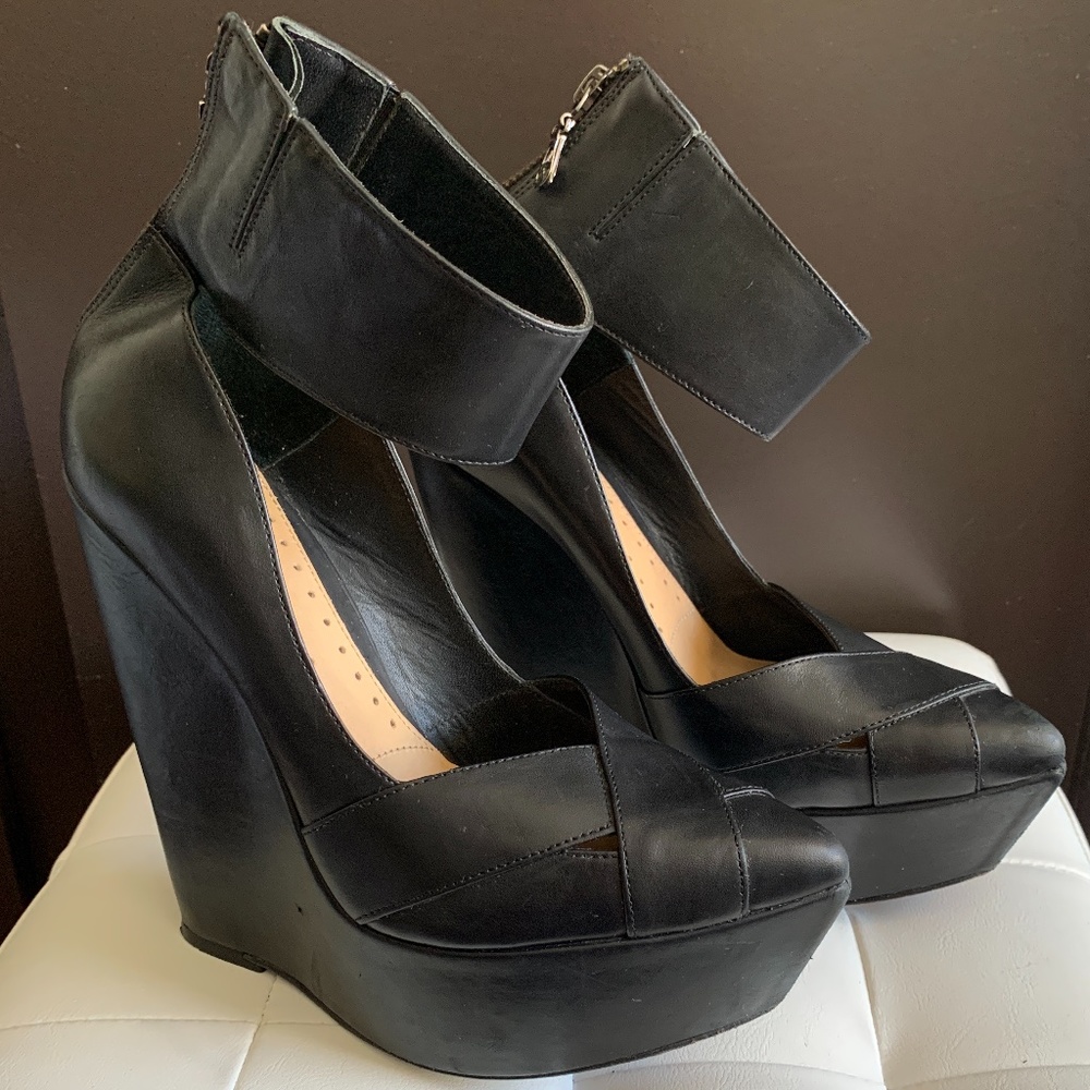BCBG Nayoko Black Ankle Cuff Wedge Sandals